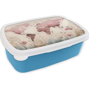 Broodtrommel Blauw - Lunchbox Wereldkaart - Roze - Bloemen - Brooddoos 18x12x6 cm - Brood lunch box - Broodtrommels voor kinderen en volwassenen