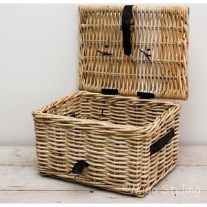 Fietsmand - Met deksel - Bakkersmand - 42x32xH25 - Riet - Rotan - Naturel - Leren riempje