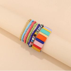 Armband - SET van 6 - Armband Dames - Polsbandjes - Armbanden - Multicolor - Armbanden Set - Kralen Armband Dames - Vrolijke Armbanden - Mode Accessoires - Sieraden Dames - Goudkleurig Paars Roze Groen Blauw Okergeel