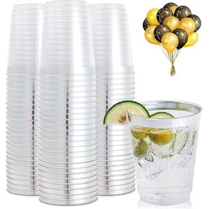 50 stuks plastic bekers - Met zilveren rand - 300 ml - Herbruikbare drinkbekers - Elegante wijnglazen - Partyglazen voor drank, champagne, wijn, bier, cocktail - Bruiloften, verjaardagen, feesten