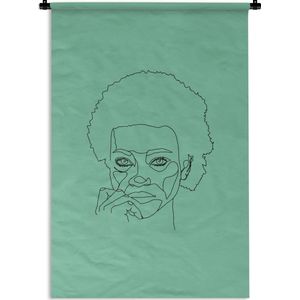 Wandkleed Line-art Vrouwengezicht - 24 - Line-art illustratie vrouw met afro op een groene achtergrond Wandkleed katoen 90x135 cm - Wandtapijt met foto