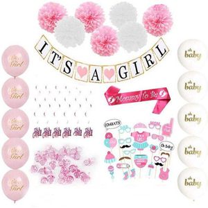 Joya® Babyshower Versiering Meisje | baby decoratie It's a girl | versier pakket roze | ballonnen sjerp slinger | geboorte