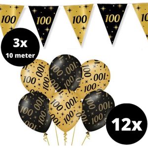Verjaardag Versiering Pakket 100 jaar Zwart en Goud - Ballonnen Goud & Zwart (12 stuks) - Vlaggenlijn Goud Zwart 10 meter (3 stuks) - Vlaggenlijn Jubileum 100 jarige - Vlaggetjes Slinger Verjaardag 100 Birthday - Birthday Party Decoratie (100 Jaar)