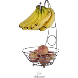 Fruitschaal Bananenhouder en Ophanghaak - Stijlvolle Fruitmand en Etagère - Fruithouder met Bananenhanger en Bananenhaak - Rond - Gelegeerd Staal