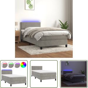 The Living Store Boxspring Oslo - 203 x 100 x 78/88 cm - Fluwelen bed met LED - pocketvering matras en topmatras - Kleur- lichtgrijs - The Living Store