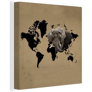 Canvas Wereldkaart - 20x20 - Wanddecoratie Wereldkaart - Olifant - Bruin