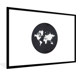 Fotolijst incl. Poster Zwart Wit- Wereldkaart - Zwart Wit - Cirkel - 90x60 cm - Posterlijst