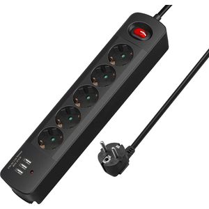 Stekkerdoos met overspanningsbeveiliging en kinderslot 5-voudige stekkerdoos 3USB 15M zwart