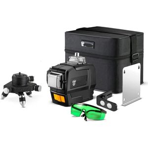 Laser Level - Zelfnivellerend - 12 lijnen - 3D groene laserwaterpas - horizontale en verticale kruislijnen - met automatische zelfnivellering - binnen- en buitengebruik - zonder statief - Zwart