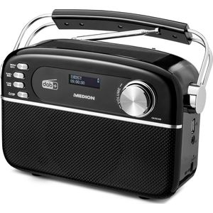 MEDION E66809 DAB Plus draagbare radio op zonne-energie (retro design, zonnepaneel, Bluetooth, DAB+ FM, geïntegreerde oplaadbare batterij, USB-poort, AUX, sleeptimer, telescopische antenne) zwart