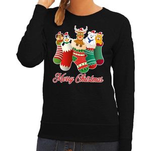 Foute Kersttrui / sweater kerstsokken met diertjes - Merry Christmas - zwart voor dames XS