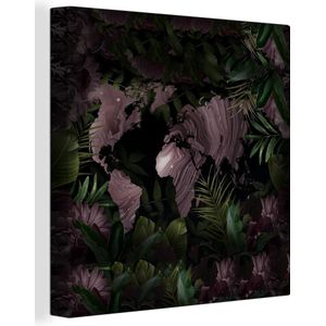 Canvas Wereldkaart - 20x20 - Wanddecoratie Wereldkaart - Paars - Planten