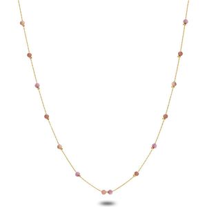Twice As Nice Halsketting in goudkleurig edelstaal, roze steentjes 40 cm+5 cm