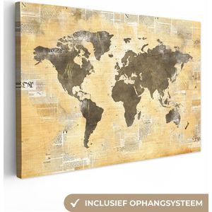 Canvas schilderij 60x40 cm - Wanddecoratie Wereldkaart - Krant - Gouden - Muurdecoratie woonkamer - Kamer decoratie accessoires - Schilderijen