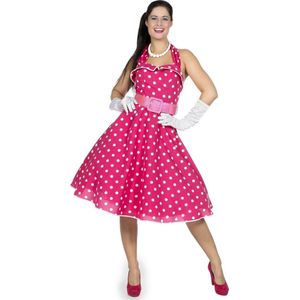 Wilbers & Wilbers - Rock & Roll Kostuum - Jaren 50 Roze Stippen Swingdress Met Riem - Vrouw - Roze - Maat 40 - Carnavalskleding - Verkleedkleding