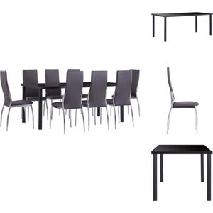 vidaXL Eettafelset - Zwart - Gehard glas en metaal - 180 x 90 x 75 cm - Inclusief 8 grijze eetstoelen - Kunstleer - 54 x 43 x 100 cm - Montage vereist - Set tafel en stoelen