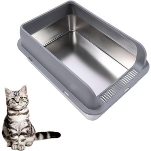 Roestvrijstalen Kattenbak Geur Gemakkelijk Schoon Te Maken Hoge Zijkanten - Halfgesloten Kattenbak voor Grote Katten - Topkwaliteit Duurzaam Ontwerp .