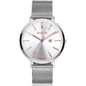 ZINZI Retro horloge zilver gekleurde wijzerplaat en kast met rosé wijzers stalen mesh band 38mm extra dun ZIW412M