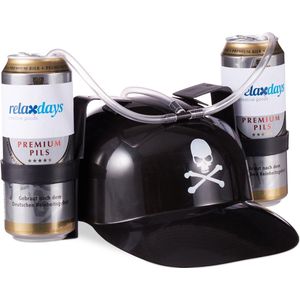 Relaxdays drinkhelm piraat - bierhelm - feesthelm voor 2 blikjes - met slang - zwart