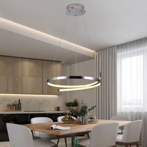 Chandelix - Luxe Hanglamp LED Ring met Afstandsbediening en Mobiel - Dimbaar - In hoogte verstelbaar - Eetkamer - Woonkamer - Zilver Chroom