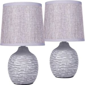 BRUBAKER Set van 2 tafel- of bedlampjes, 27 cm, grijs, keramische lampvoeten met structuur, linnen lampenkappen