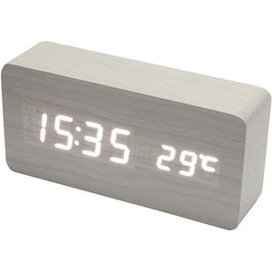Houten wekker – Alarm Clock – Rechthoek groot - Witte kleur – Reiswekker - Tijd datum temperatuur weergave – Sound control - Dimbaar – LED display - Draadloos met batterijen