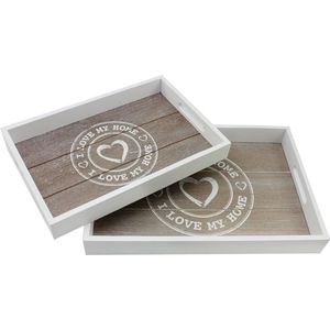 2x wooden tray - rectangular wooden tray with motif ""I LOVE MY HOME"" in different sizes - tray with handles (02 pieces - ""I LOVE MY HOME"")