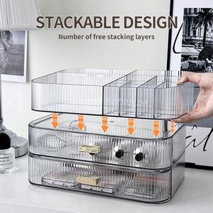 Make-up Organizer met stapelbare laden, ijdelheid badkamer dressoir slaapkamer cosmetische vitrinekasten, grote capaciteit schoonheidsopslag, kaptafel huidverzorging aanrecht organisator transparant