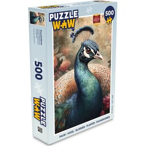 Puzzel Pauw - Vogel - Bloemen - Planten - Pauwenveren - Legpuzzel - Puzzel 500 stukjes