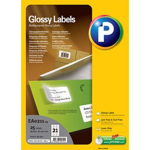 Printec Glanzend etiket - Laser printer - 25 stickervellen - 21 labels per A4 - 525 stickers per doos