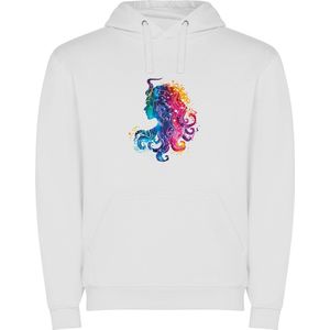 Witte unisex hoodie met “ Kleurrijke Sterrenbeeld Maagd – Astrologie – Horoscoop – Zodiac Signs “ Print Full Color Color merk Roly maat S