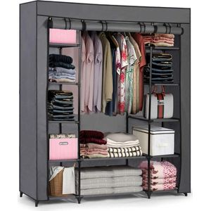 Dubbele Canvas Garderobekast - Opvouwbare Garderobe kast - Met Kleding Ophangrail en opslag planken - Stoffen Hangkast & Legkast - Kledingkast - Afm. 170 x 135 x 45 cm