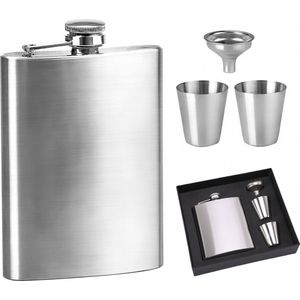 Heupfles - Heupflacon - Zakflacon - Luxe Heupfles - met luxe opbergdoos - (7 oz) - met 2 shotglazen en Trechter - Zilver - RVS - Whiskey - Veldfles - Drinkfles - Platte Waterfles