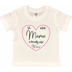 T-shirt Kinderen ""De liefste mama is toevallig mijn mama"" Moederdag | korte mouw | Wit/roze/zwart | maat 134/140