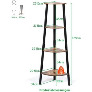 Hoekrek met 4 niveaus, boekenkast, opbergrek voor woonkamer, slaapkamer, 34 x 34 x 125 cm, industrieel design