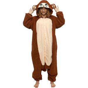 KIMU Onesie Aap Pak - Maat M-L - Apenpak Monkey Kostuum Bruin Chimpansee Pak 170 176 - Jungle Jumpsuit Dierenpak Pyjama Dames Heren Festival