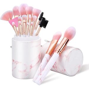 Roze Marmer Make-Up Kwasten Set - 16 Stuks - Inclusief Houder en Masker Borstel