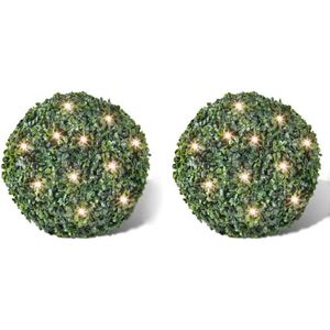 vidaXL - Ronde - kunstbuxus - 35 - cm - met - solar - LED-verlichting - (2 - stuks)
