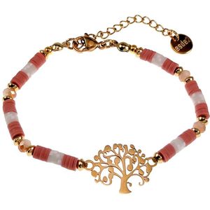 Polymeerklei Armband Dames - Roze-Gebroken Wit Armband met Levensboomhanger - Verguld RVS - Verstelbaar - Handgemaakt