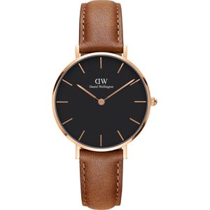 Daniel Wellington Petite Rosé Durham Black DW00100166 - Horloge - 32mm - Leer - Bruin