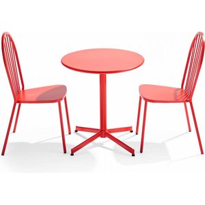 Oviala - Set ronde tafel en 2 bistro tuinstoelen in rood metaal
