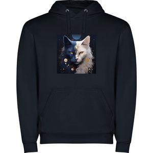 Donker Blauwe unisex hoodie met “ Kleurrijke Yin Yang poes“ Print Full Color merk Roly maat 104 3/4 jaar