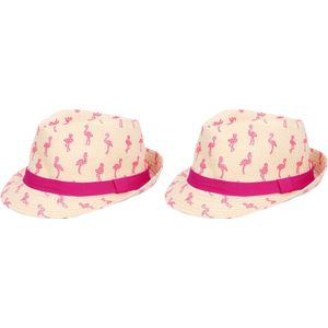 Toppers in concert - Boland Verkleed hoedje voor Tropical Hawai party - 2x - Roze flamingo print - volwassenen - Carnaval