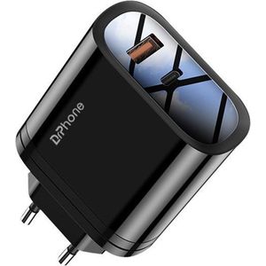 DrPhone ICON - Gecertificeerde Power Lader - 9V 2A - 36W PD 3.0 / Qualcomm 3.0 - Beveiligde Snel lader - 2 Poort Stekker Oplader - USB-C + USB female - Voor o.a. iOS / Android / HUAWEI / SONY / LG - Tablet & Smartphone - Zwart