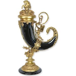 Cornucopia Zwart - Porselein Hoorn - Bronzen Standaard - Luxe Tafeldecoratie - Brons Beelden - Kunst Decoratie - 30x17x52