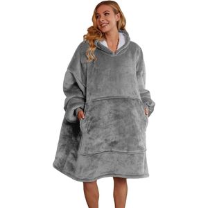 Oversized sweatshirt-deken, uniseks, sherpa deken met capuchon, draagbaar knuffeldeken met mouwen en zak, grijs