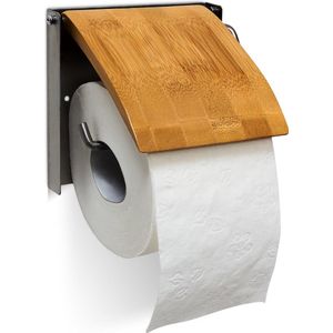 Relaxdays wc-rolhouder met klep - toiletrolhouder bamboe - closettrolhouder muur - hangend