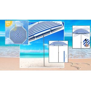 Pincho - Strand -Tuin & Balkon Parasol - Blauw - Wit Gestreept - Aluminium - 200 cm - Kantelbaar - Draagtas - Hoge UV Bescherming