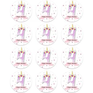 DW4Trading Sticker Happy Birthday Eenhoorn 4 Jaar - Ø 4,5 cm - 12 Stuks - Paars