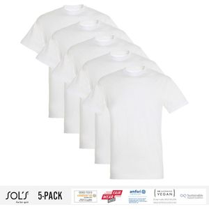 5 Pack Sol's Jongens/Meisjes T-Shirt 100% biologisch katoen Ronde hals Wit Maat 118/128 (7/8 Jaar)